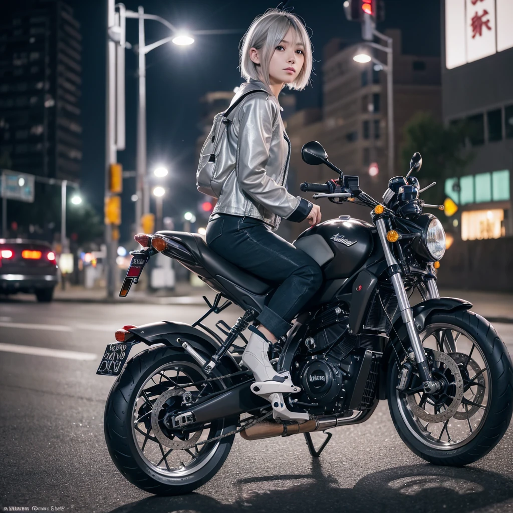 (8k, Photorealistic, Raw photo, Highest quality: 1.4),Japanese idol-style beautiful girl,1 person,18-year-old,(Short Bob),(Silver Hair),Blowing in the wind,Clear grey eyes,Long eyelashes,(piercings(small)),Rider Suit,boots,(The future of large motorcycles(Akira Bike)Riding),No helmet,Driving on the Metropolitan Expressway at night,View from diagonally behind,(Full body snapshot)