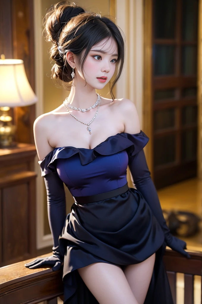 1girl, 独奏, jewelry, horns, necklace, bare shoulders, bangs, blush, dress, earrings, gloves, sorasaki hina (dress), elbow gloves, sidelocks ((1 girl, Elegant posture)), Natural leg proportions, Sexy beautiful legs, correct, 解剖学correct, Visible cleavage, masterpiece, (best quality, 4K, 8K, high resolution, masterpiece:1.2), Extremely detailed, (Practical, photoPractical, photo-Practical:1.37), Official Art, CG, 解剖学上correct, Random Scenes, Random shooting angle, Movie, photography, Intricate background, Soft lighting, Subtle shadows, Vibrant colors, Expressive eyes, Beautiful, high class boutique, Ambience, A moment of honesty, Natural expression, Detailed texture, Fine details, Refined and elegant, Exquisite style, Artistic Composition, Beautifully presented.