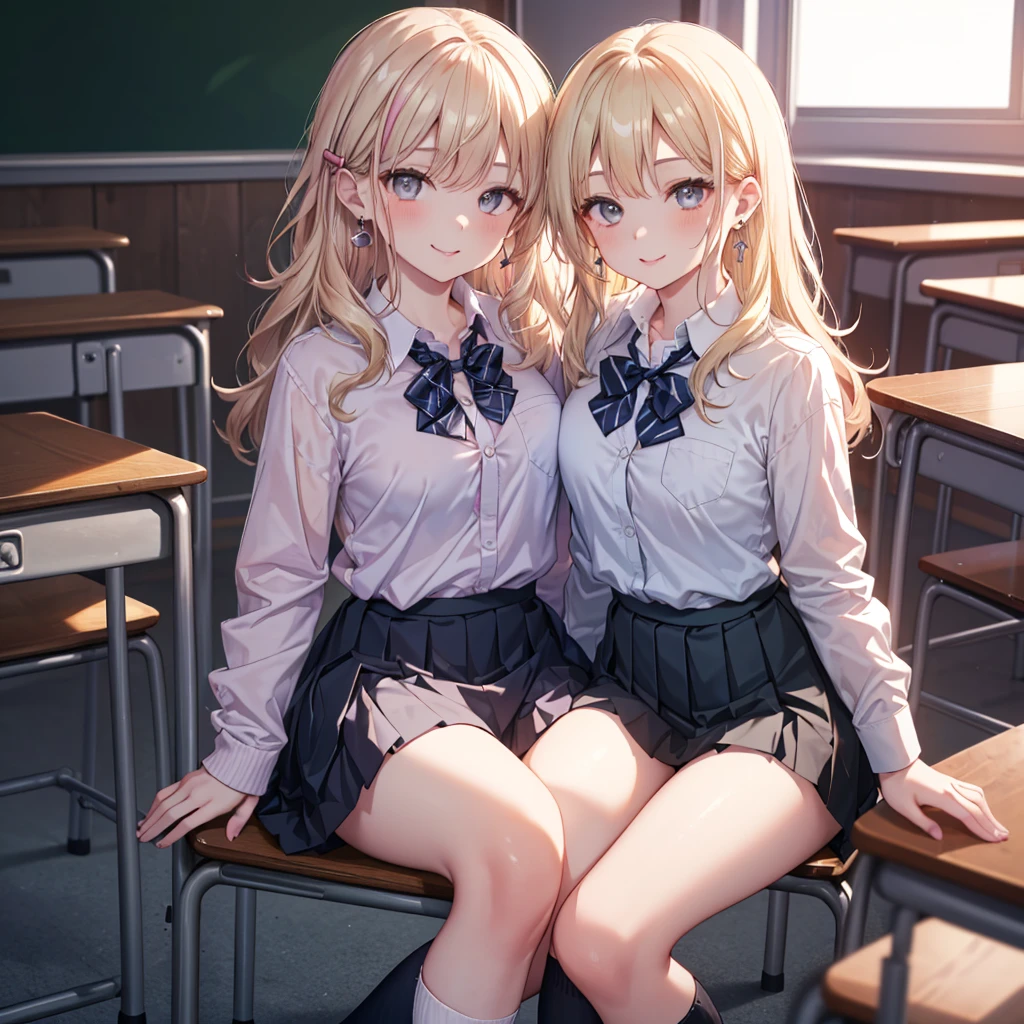 Highest quality,Highest quality,One girl,One boy,((((10 years old)))),Flat Chest,orgasm,blush, Sweat, Sakurai Momoka,Blonde,White Sarah Outfit,Navy Blue Skirt, Not a pleated skirt,whole body,classroom, Grey pantyhose、Flipping up a navy blue skirt、Spread your legs