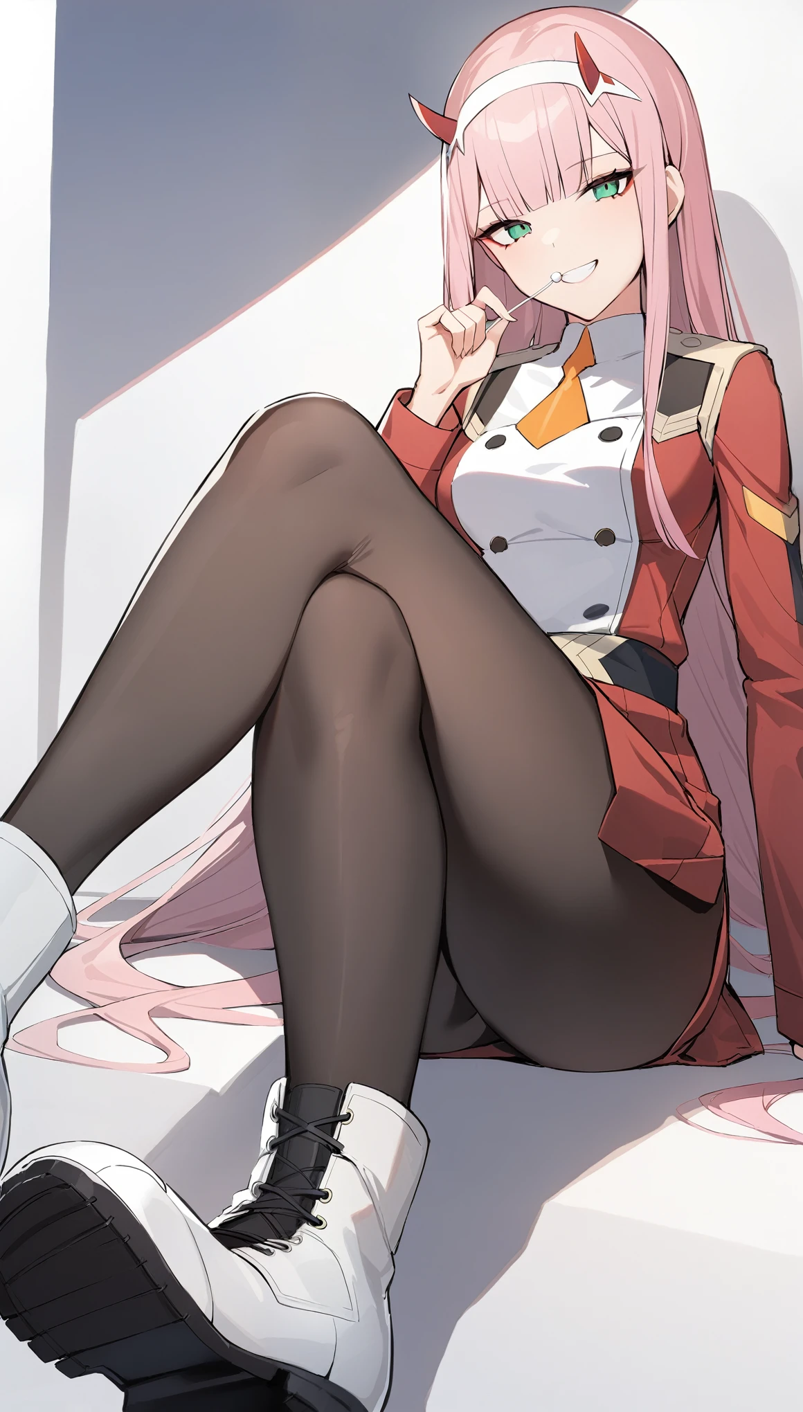masterpiece, best qualityï¼ 1girl, zero_two_\(darling_in_the_franxx\), long_hair, solo, pink_hair, lollipop, candy, pantyhose, horns, food, green_eyes, hairband, smile, white_hairband, black_pantyhose, crossed_legs, looking_at_viewer, boots, sitting, holding, uniform, holding_candy, white_footwear, necktie, bangs, holding_food, military_uniform, military, short_necktie, holding_lollipop, very_long_hair, invisible_chair, orange_necktie, long_sleeves, grin