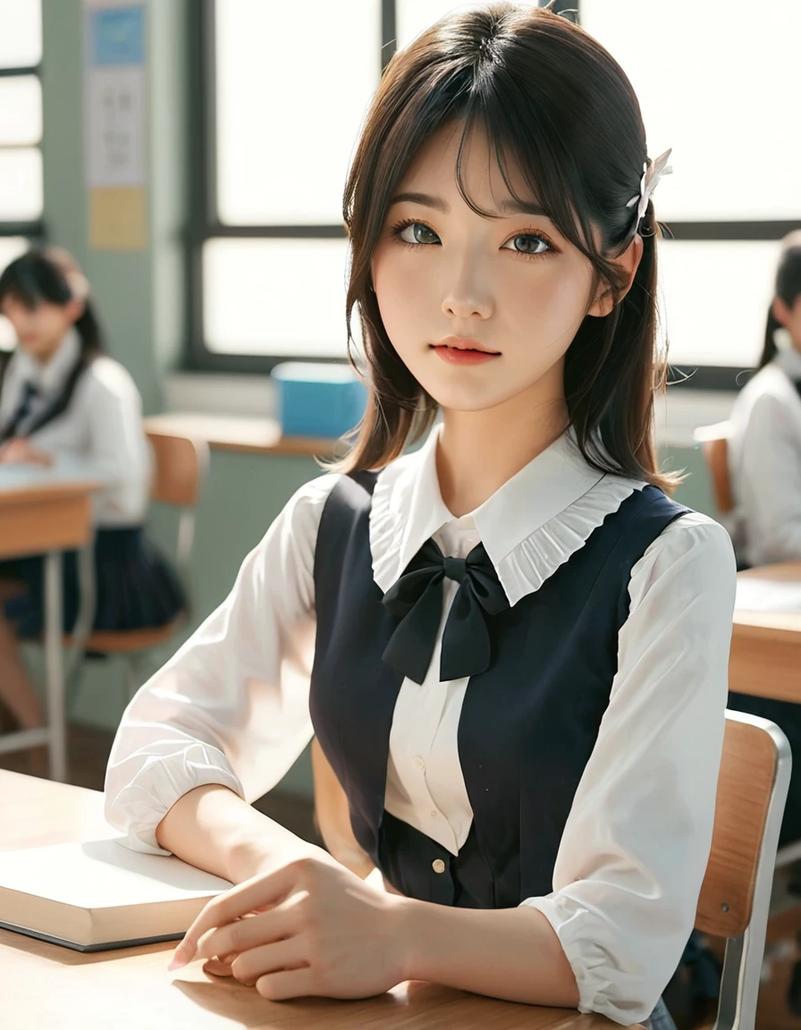 there is a woman sitting at a desk with a book in front of her, beautiful anime high school girl, student, japanese high school, standing in class, korean girl, a hyperrealistic schoolgirl, beautiful japanese girls face, beautiful image, girl cute-fine-face, attractive girl, in a classroom, hyperrealistic schoolgirl, handsome girl, jaeyeon nam