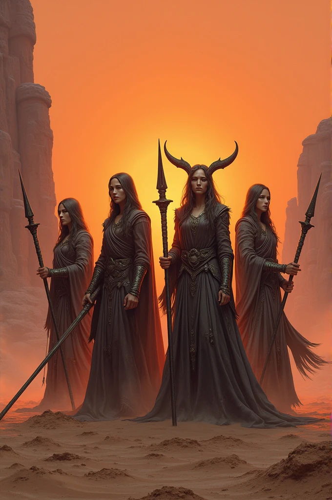4 fantasy character concept art of four female priestesses with long robes and staffs holding swords standing in the desert. The art has a dark orange and light pink color palette with a detailed background in the style of a matte painting by Greg Rutkowski.