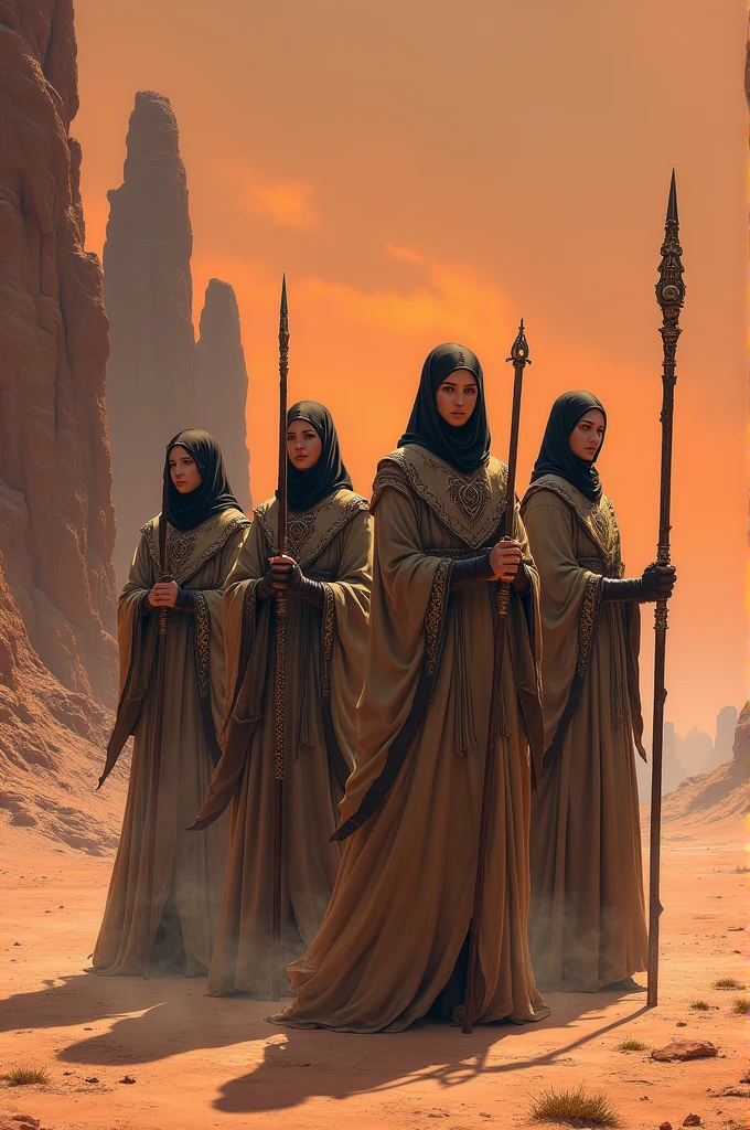 4 fantasy character concept art of four female priestesses with long robes and staffs holding swords standing in the desert. The art has a dark orange and light pink color palette with a detailed background in the style of a matte painting by Greg Rutkowski.