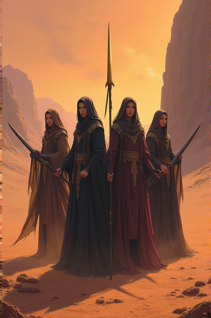 4 fantasy character concept art of four female priestesses with long robes and staffs holding swords standing in the desert. The art has a dark orange and light pink color palette with a detailed background in the style of a matte painting by Greg Rutkowski.