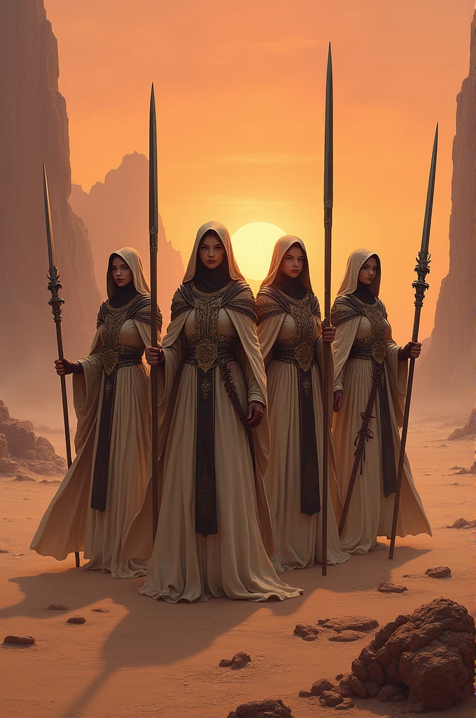 4 fantasy character concept art of four female priestesses with long robes and staffs holding swords standing in the desert. The art has a dark orange and light pink color palette with a detailed background in the style of a matte painting by Greg Rutkowski.