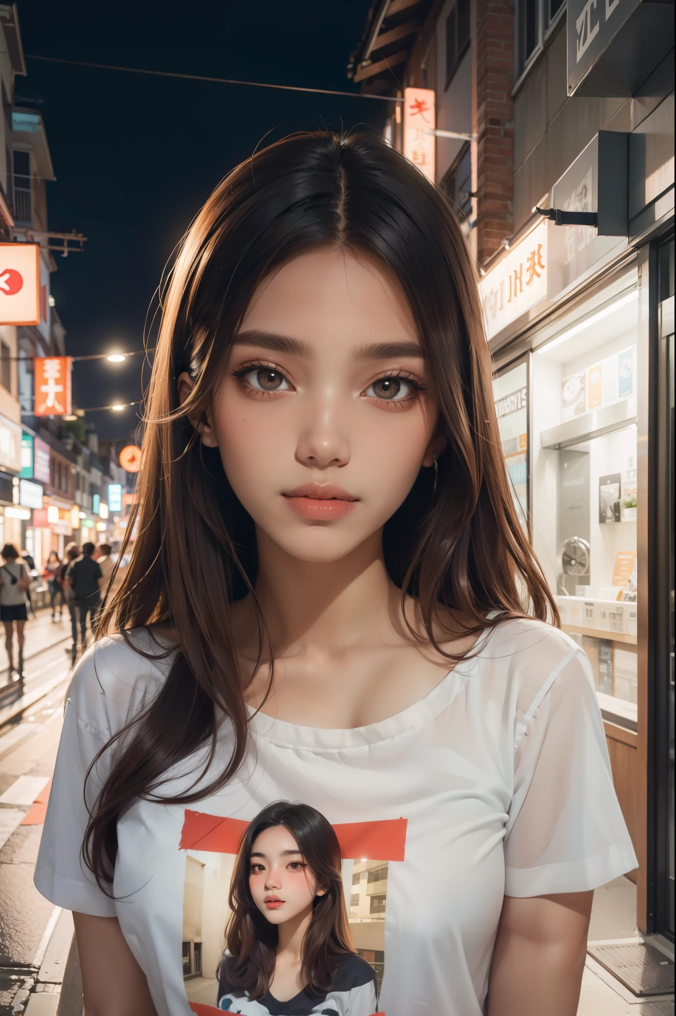 (Best quality, High resolution, Masterpiece :1.3), A pretty woman, Slender figure, Dark brown hair, T-shirt, (Street in city at night), Highly detailed face and skin texture, Detailed eyes, Double eyelid