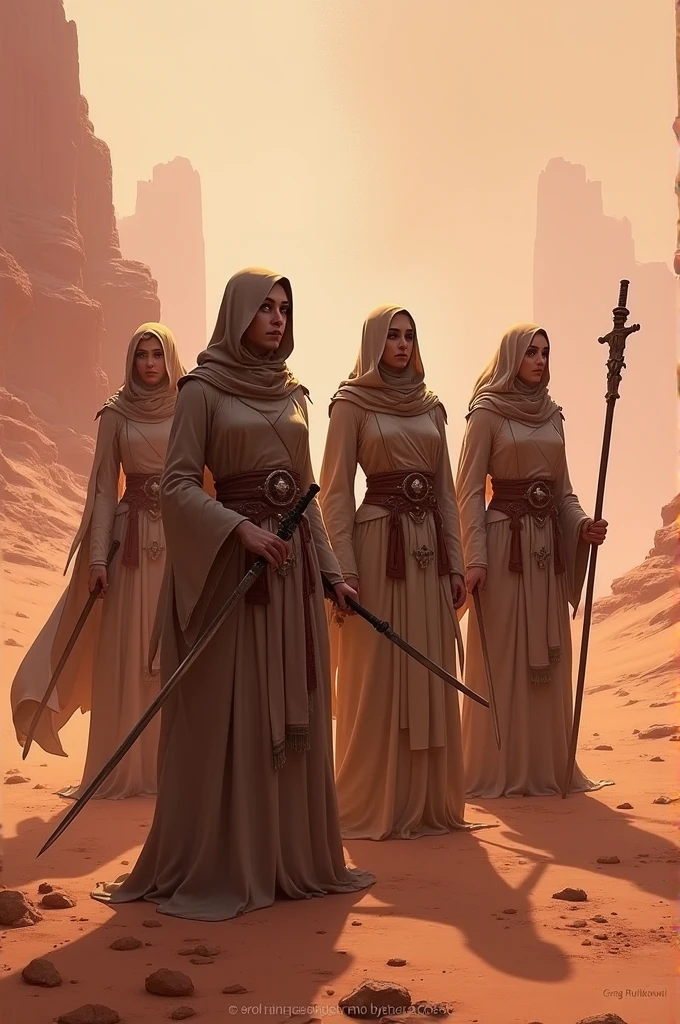 4 fantasy character concept art of four female priestesses with long robes and staffs holding swords standing in the desert. The art has a dark orange and light pink color palette with a detailed background in the style of a matte painting by Greg Rutkowski.