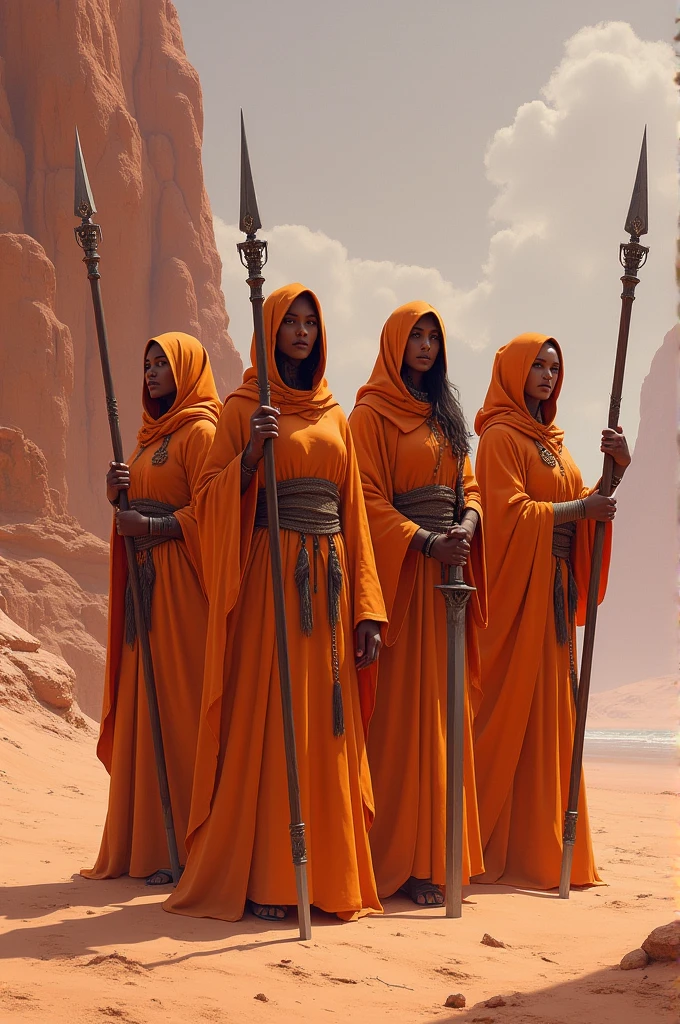 4 fantasy character concept art of four female priestesses with long robes and staffs holding swords standing in the desert. The art has a dark orange and light pink color palette with a detailed background in the style of a matte painting by Greg Rutkowski.