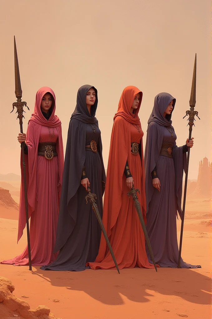 4 fantasy character concept art of four female priestesses with long robes and staffs holding swords standing in the desert. The art has a dark orange and light pink color palette with a detailed background in the style of a matte painting by Greg Rutkowski.
