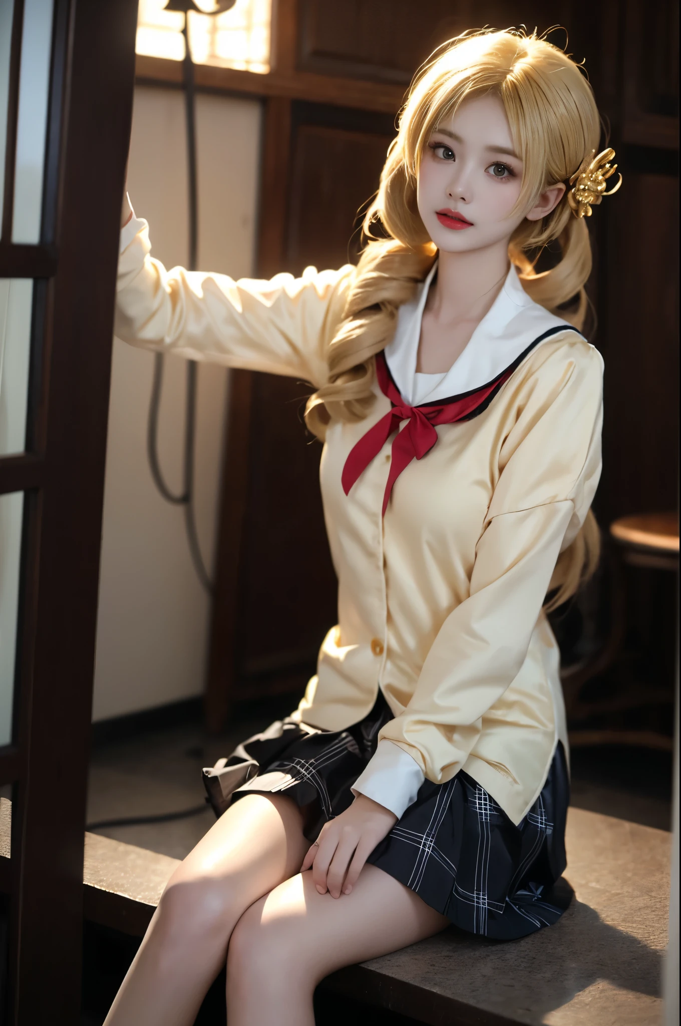 Tomoe Mami, mitakihara school uniform,
blonde hair, twin drills, hair ornament, ((1 girl, Elegant posture)), Natural leg proportions, Sexy beautiful legs, correct, 解剖学correct, Visible cleavage, masterpiece, (best quality, 4K, 8K, high resolution, masterpiece:1.2), Extremely detailed, (Practical, photoPractical, photo-Practical:1.37), Official Art, CG, 解剖学上correct, Random Scenes, Random shooting angle, Movie, photography, Intricate background, Soft lighting, Subtle shadows, Vibrant colors, Expressive eyes, Beautiful, high class boutique, Ambience, A moment of honesty, Natural expression, Detailed texture, Fine details, Refined and elegant, Exquisite style, Artistic Composition, Beautifully presented.