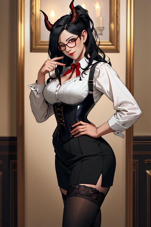 Best Quality, masterpiece, horny secretary, Wearing glasses, big tight, mama, wearing corset and stockings, ultra high resolution,detailed background,realist,hades style,Alone,women,maduro,Only,maduro,mama, female, long black hair, \(him\),dark fantasy,devil,depth of field