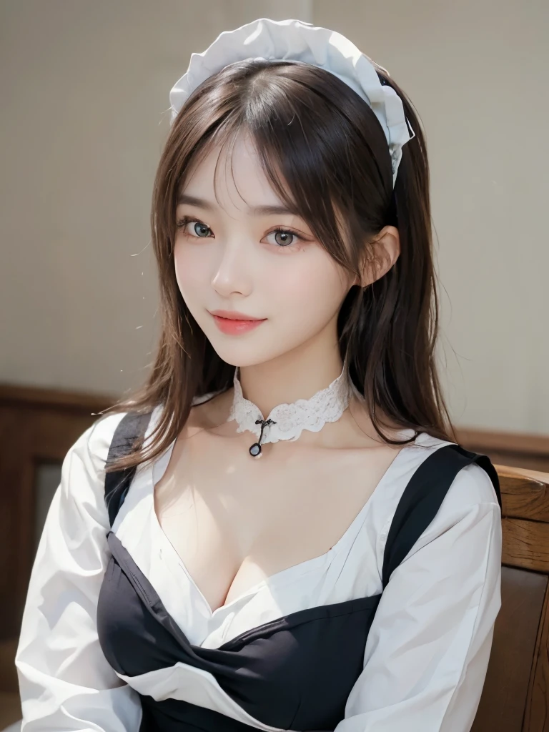 ((masterpiece: 1.3),8k, Realistic, RAW Photos, Highest quality: 1.4),whole body、 (One Girl), beautiful顔, (Realistic Face), (Brown long hair: 1.3), bangs, Perfect dynamic composition,(High quality with attention to detail, Realistic depiction of eyes:1.3)、(((Traditional maid:1.4), Natural Breasts, Cleavage, mini skirt, White lace headdress, just looking at the audience, かわいいsmile, Nice body, )))、 profile、21talent、beauty、Well-formed face、Make the eyes even、Banditium Build、Balanced ratio、beautiful足、Fresh face、beautiful景色、beautifulヘアスタイル, (bangs), (smile), smile, Realistic eyes, Gloss, highlight, highlight in the Eyes, eyelash, 目の中のbeautifulディテール, (Realistic Skin), Shooting from the air、beautiful肌, Transparency、(beautiful)、 smile, teeth, Confused, charm, 超High resolution, Ultra-realistic, High resolution, Golden Ratio, clear eyes, Wet, Looking into the camera, ear, Shine, Long neck, double eyelid, Thin eyebrows、Big eyes, cheek, kind character, charm personality, kind, 圧倒的なcharm, bright personality