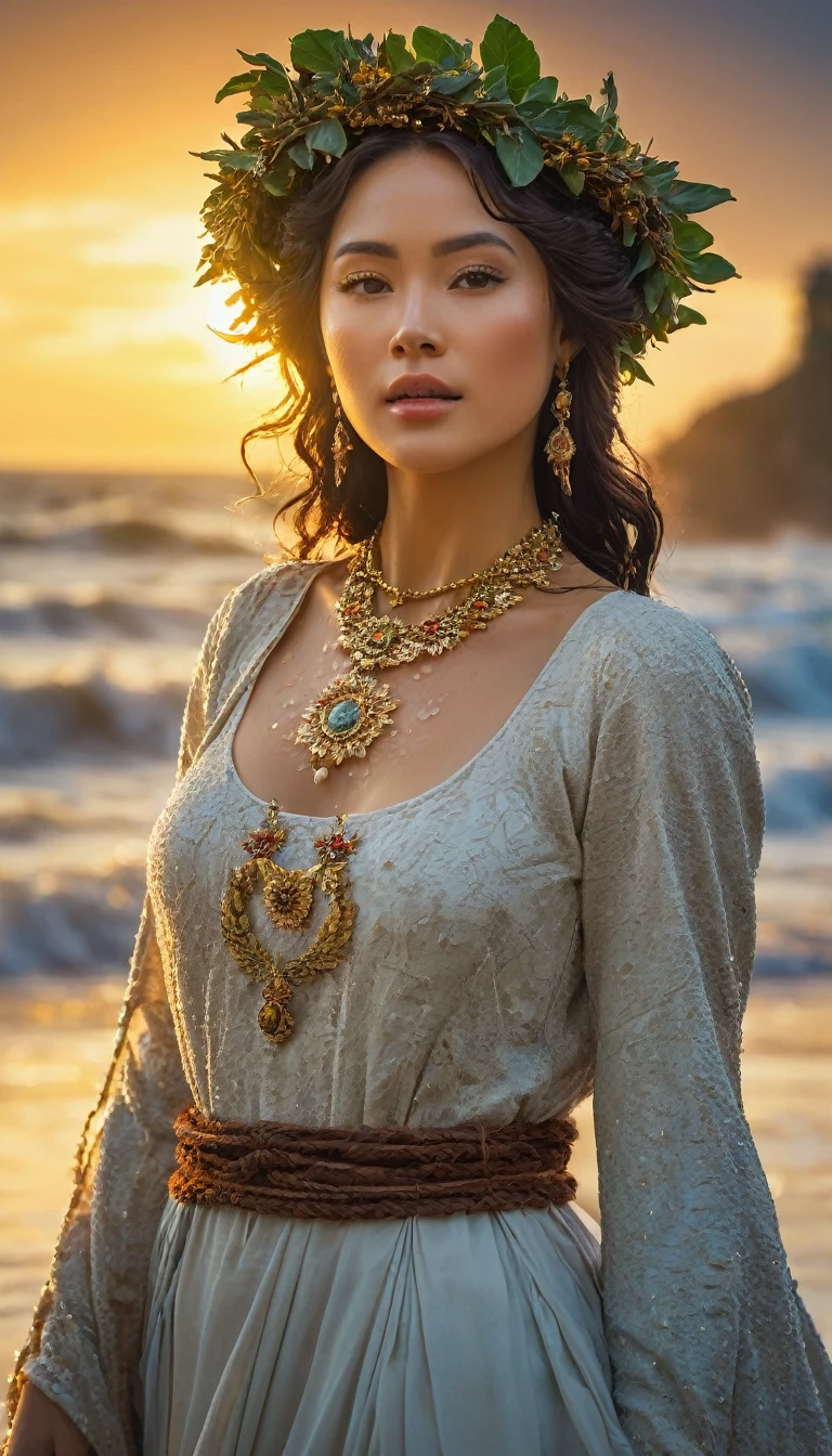 Image of a full-length woman in clothes from the Middle Ages, A woman with a wreath on her head and a beautiful necklace, estilo fantasia, arte da fantasia, donzela da fantasia bonita, ultra realismo, arte da fantasia, wlop intrincado, arte digital bonita, arte da fantasia bonita, donzela bonita, romantismo, ross tran 8 k, retrato muito bonito, imagem de bonito e de corpo inteiro Her coordinated movements ripple the water, spraying droplets in all directions. The vibrant sun begins to set, casting feathered clouds overhead and bathing her in warm golden light.