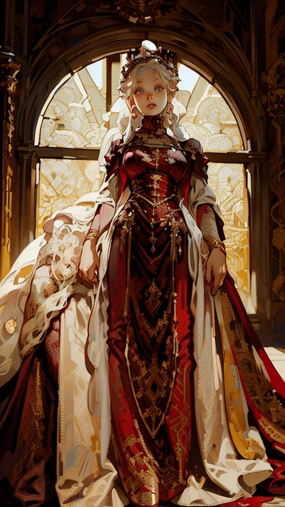 Beautiful albino woman with detailed braided medieval hairstyle (updo) (white hair) sitting on the throne,wearing detailed medieval gown (red and black colours), with gold accessories and gold tiara, medieval queen, medieval woman,queen,game of thrones style,daenerys targaryen style, high quality, very detailed,hd quality, masterpiece 