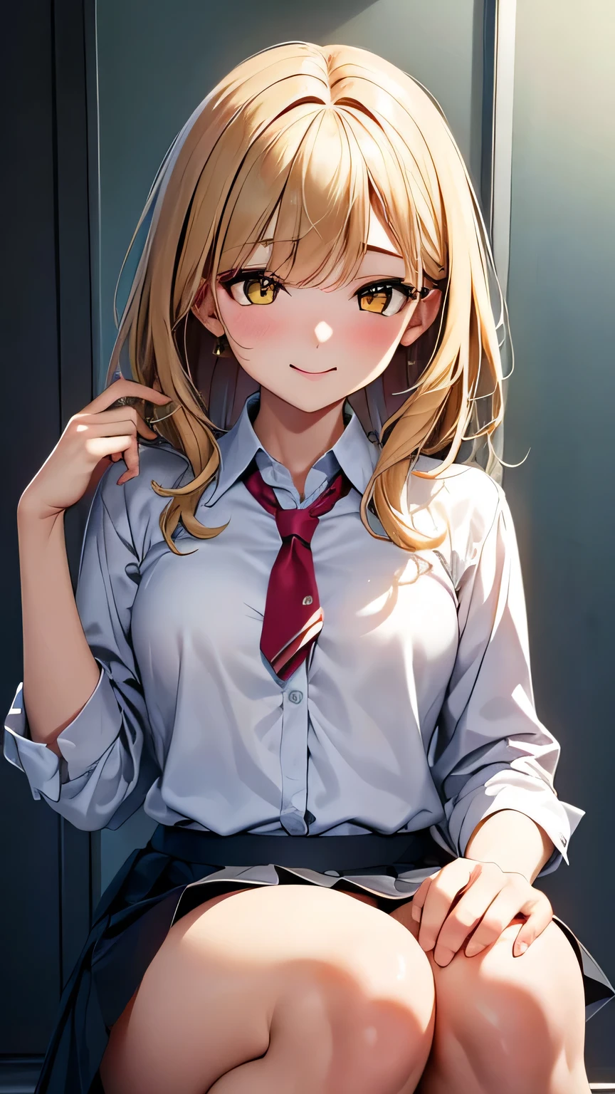 Highest quality, Soft Light, Ultra-high resolution,People Girls, alone, sexy, (A shy smile), (Yellow Eyes), Beautiful face in every detail,(High resolution detail of human skin texture), (Medium Hair),tie,Dress shirt,Short pleated skirt,panties,(Sweat:1.2),(masterpiece:1.3),(Realistic:1.2),(Open your mouth:1.1),squat
