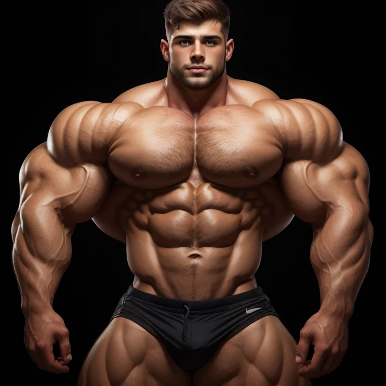 a very handsome young man, short hair, shirtless, massively muscular, with massively large muscles, on a black background