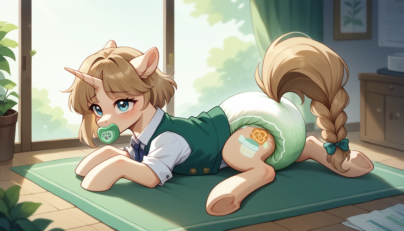 pony, light caramel unicorn, adult mare, plum eyes, lush mane braided, bushy tail, sitting in the room on a soft play mat, dressed in a bright green vest and green booties, green pacifier in mouth, solo, thick light green diaper under clothes.