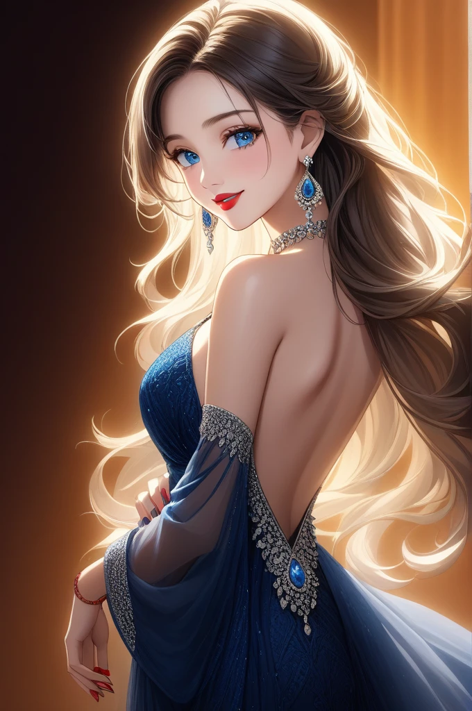 beautiful young woman, jhumka earrings, diamond necklace, long necklaces, makeup, big earrings, red lipstick, see through dress long hair, blue eyes, cleavage, (best quality,4k,8k,highres,masterpiece:1.2),ultra-detailed,(realistic,photorealistic,photo-realistic:1.37),highly detailed portrait, intricate details, exquisite skin texture, dramatic lighting, cinematic composition, vivid colors, warm color palette, bracelet, nail polish,long nails,backless, smiling,full body view