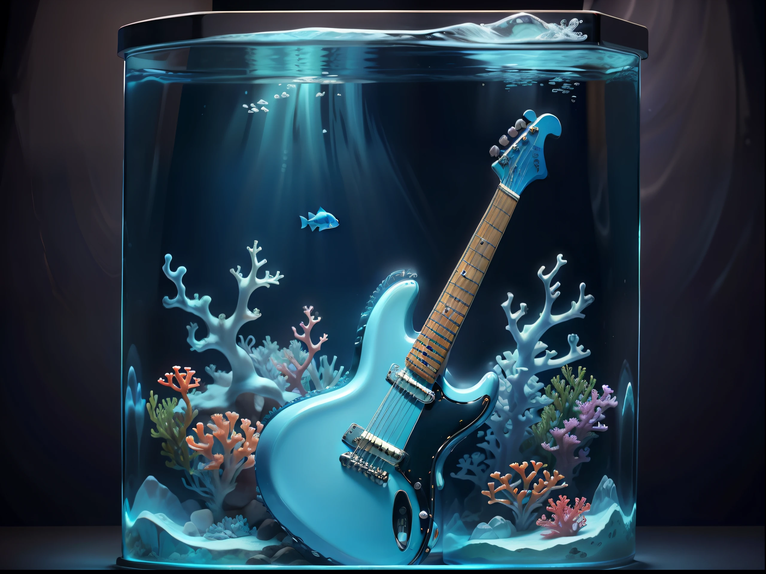 Ultra HD Vivid colors masterpiece ultra cinematic resolution.
The color guitar is the centerpiece of this digital image. She's frozen inside a transparent glass aquarium, with a thin layer of ice covering the entire surface of the guitar. The guitar strings are delicately intertwined with corals and algae that grow on the sides and bottom of the aquarium, forming a vibrant underwater backdrop.
The aquarium is illuminated by a soft blue light that reflects off the ice and walls of the aquarium, creating a dazzling effect. Several colorful fish swim around the guitar, admiring the beauty of the scene.
The detail of the image is incredible, with each guitar string detailed to perfection and the freezing effect of the colors is stunning. The resolution of the image is 16k, allowing you to visualize every detail with stunning clarity.