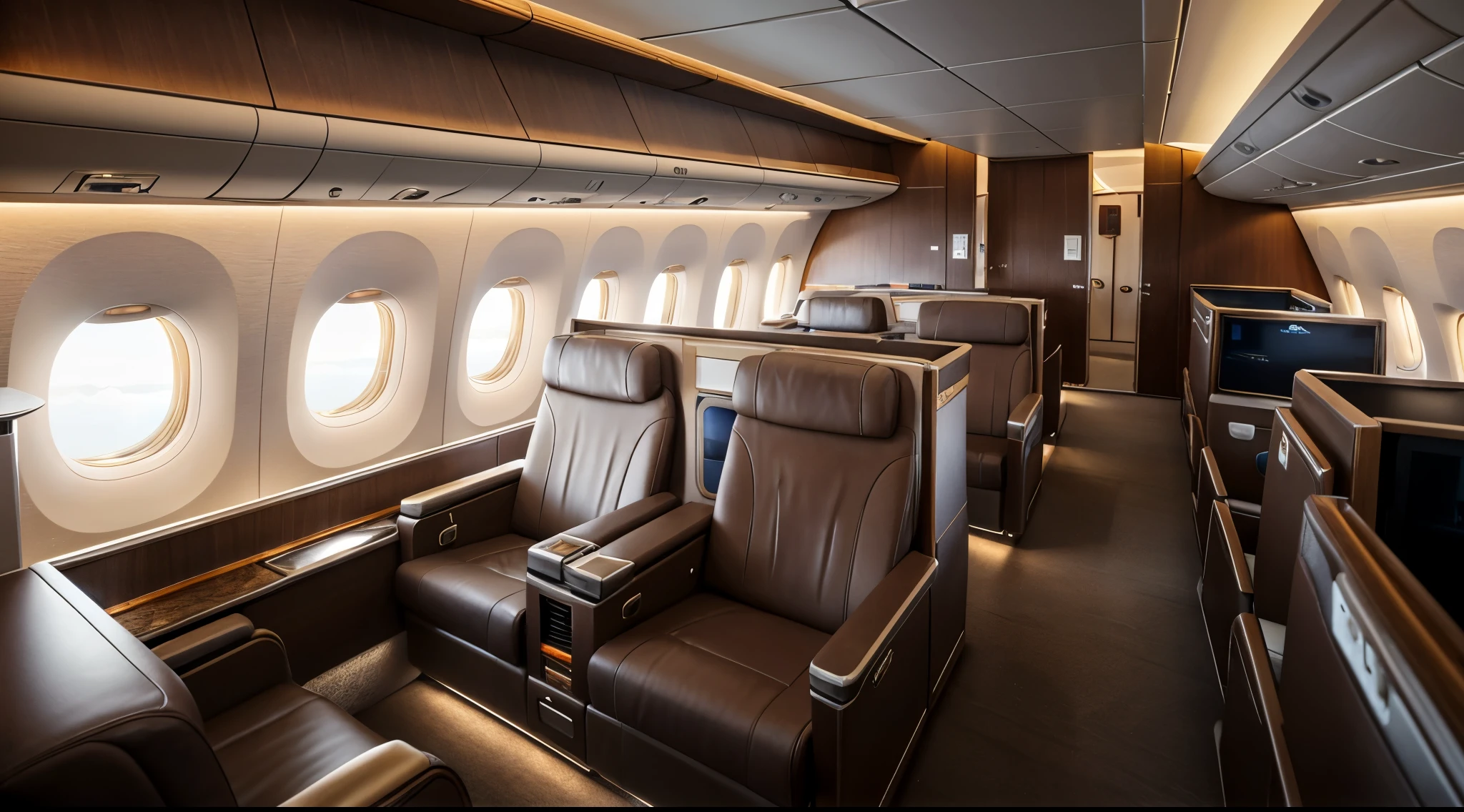 first-class airline cabin, luxurious seating, plush leather seats, private suites, modern design, ambient lighting, elegant decor, high-end materials, sophisticated atmosphere, personal entertainment systems, detailed textures, refined aesthetics, premium amenities, comfort and luxury, high-quality rendering, in-flight service, opulent ambiance