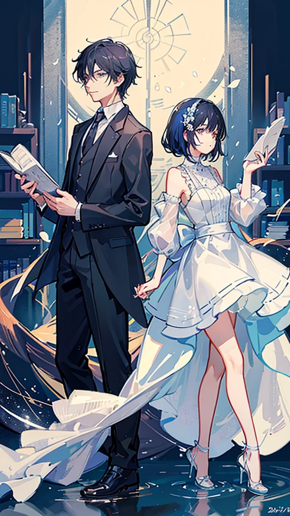 A man and a woman around 35 years old are standing back to back、Her waist-length black hair is tied back、Wearing a black suit、Eye color is calm blue、The background is a room with many books、Flowers are waiting、Beautiful water droplets are dancing