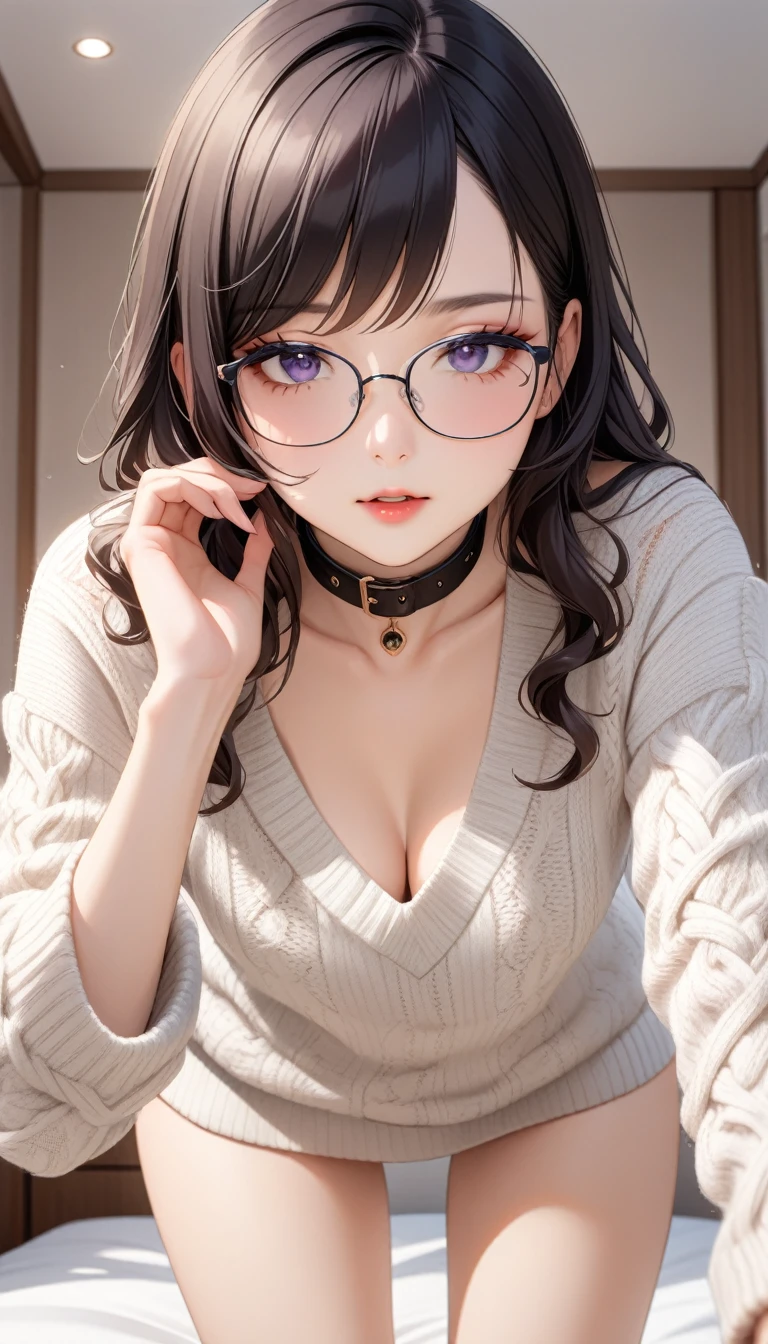 (Masterpiece), (8K size wallpaper), (best picture quality), Caustics, Detiled, American Adulterous Wife Gravure Specialized Top Model Private, knit clothing, loose knit sweater, bewitching, gravure pose, glasses, 20s virgin face, bra flashing, bra slightly visible from sweater collar, bending forward,Show a glimpse of underwear、Slightly visible underwear