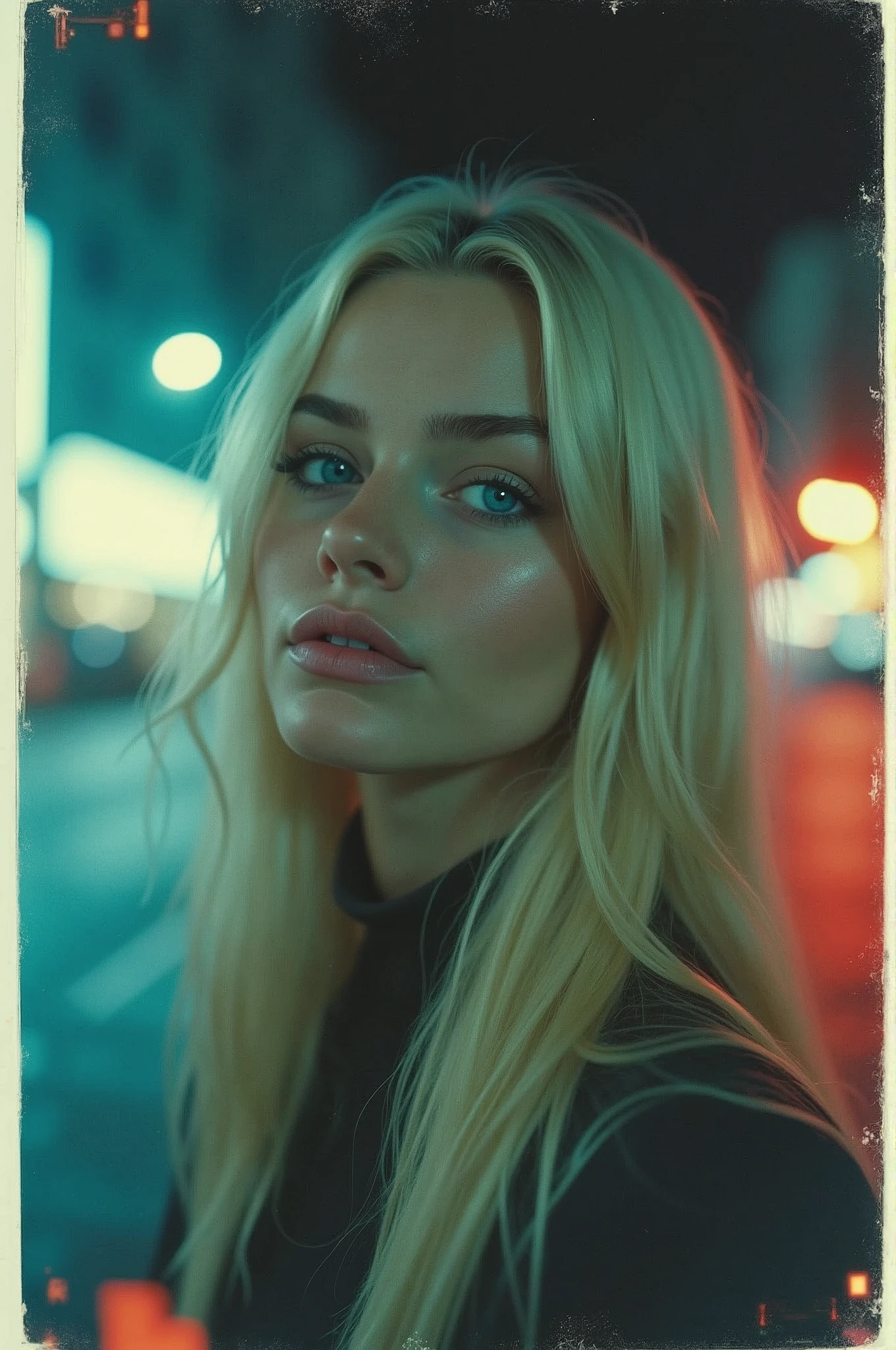 Expired Polaroid of a girl with light blonde hair , round face and blue eyes in a night city , camera flash, futuristic, romantic, jewel tones, motion blur, night, out of focus and blurred, black and white photo, ISO 100