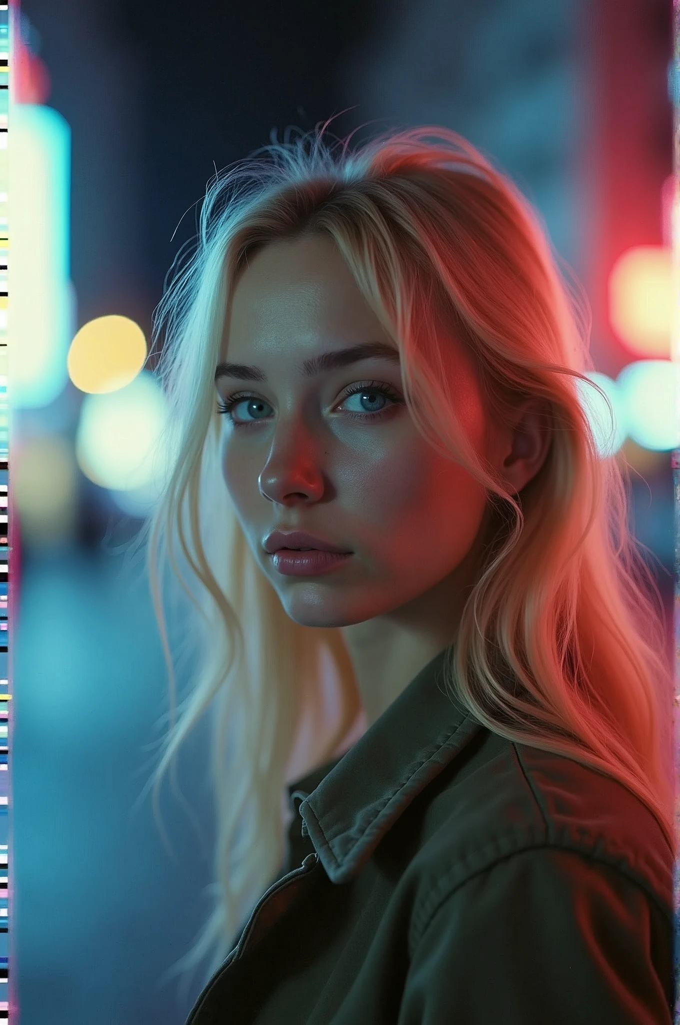 Expired Polaroid of a girl with light blonde hair , round face and blue eyes in a night city , camera flash, futuristic, romantic, jewel tones, motion blur, night, out of focus and blurred, black and white photo, ISO 100