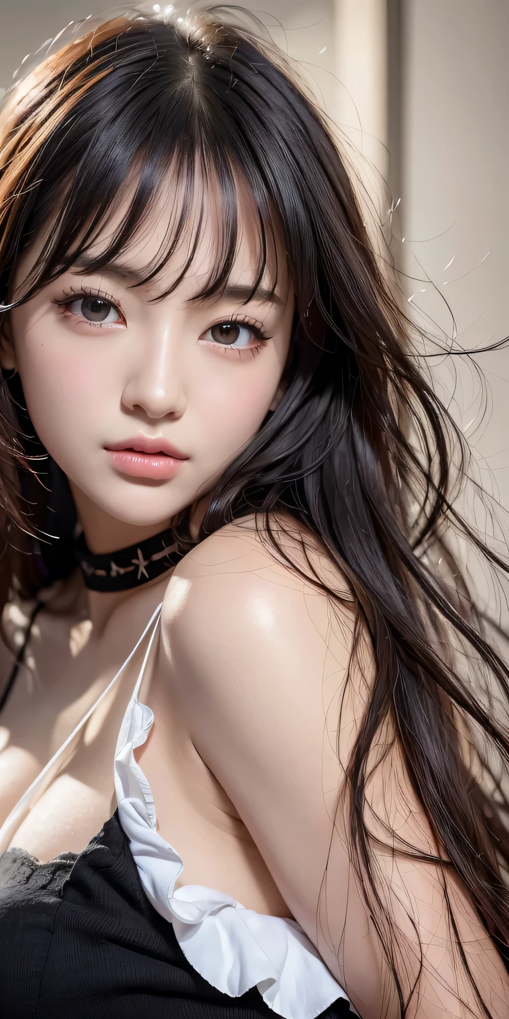 Highest quality、masterpiece、Ultra-high resolution、(Photorealistic:1.4)、Raw photo、One Girl、Black-haired、Whole Body Ezbian、Large breasts bigger than her face、Super exposed cleavage、erotic、erotic look、choker、double eyelid、Loose and fluffy perm、Semi-long hair、school uniform, Japanese