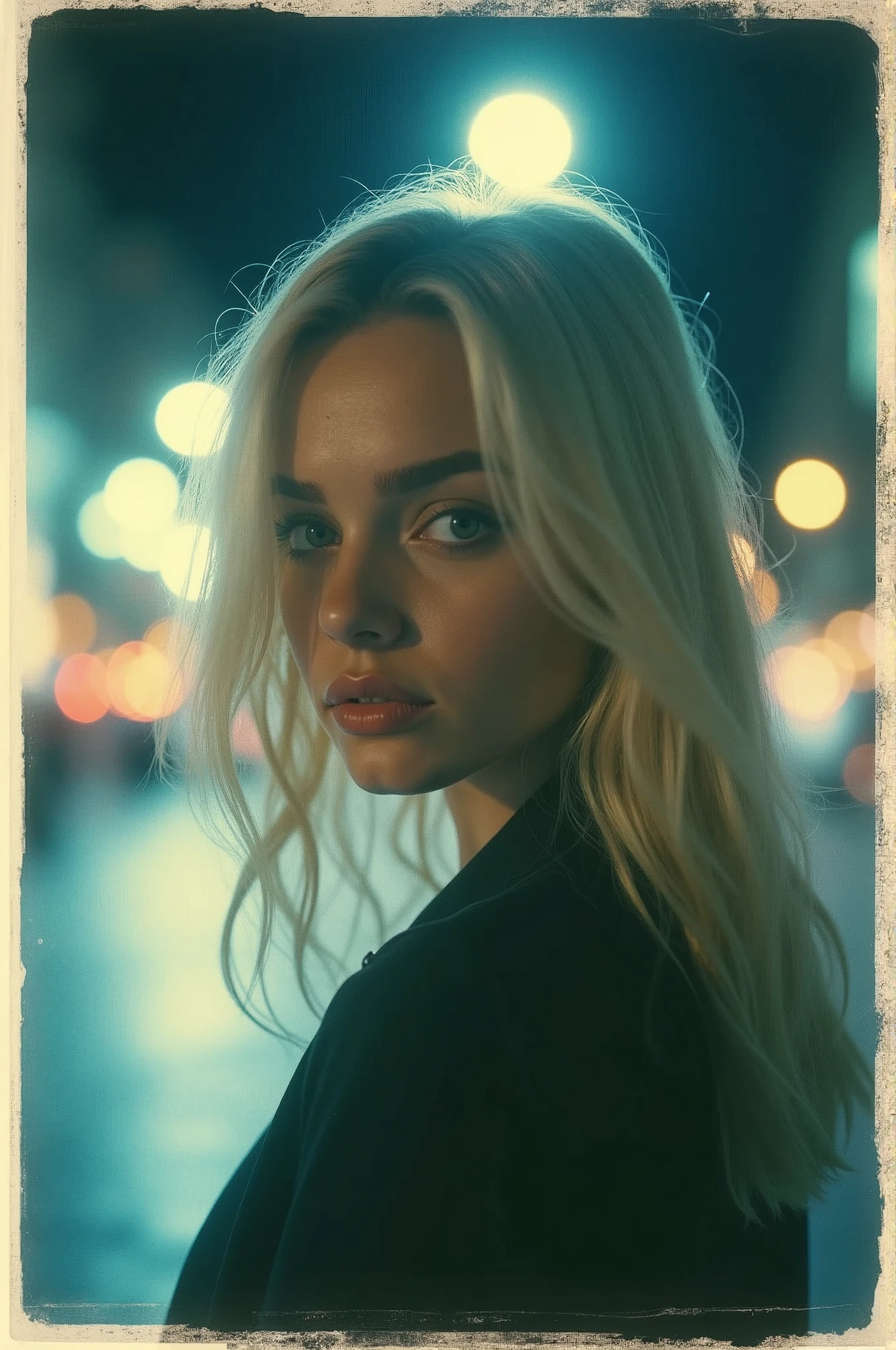 Expired Polaroid of a girl with light blonde hair , round face and blue eyes in a night city , camera flash, futuristic, romantic, jewel tones, motion blur, night, out of focus and blurred, black and white photo, ISO 100