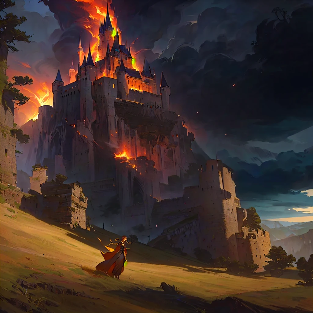 Arafed Castle on a hill with a woman in a long dress, Cover of an epic fantasy novel, art style of Mark Simonetti, вдохновленный Markом Симонетти, An ancient city on fire, Mark _ Simonetti, style of Mark Simonetti, medieval fantasy art, epic fantasy illustration, Illustration of a book in the fantasy role-playing game genre, Mark Simonetti. difficult, muffled light