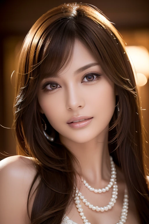 Woman wearing a pearl necklace, Cinematic photography,(Ultra Realistic, High resolution), (Highly detailed eyes, Highly detailed hair, highly Detailed face, Highly detailed plump lips，Perfect Anatomy),(Highest quality:1.4), (Realistic, photo-Realistic:1.37), Professional photography, Cinematic Light, (Detailed face: 1.2), Waistline,smile, Highly detailed skin,very thin fingers, Highly detailed nose, Highly detailed mouth