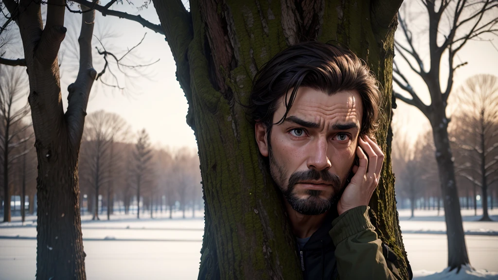 Man hid behind a tree, with a frightened face