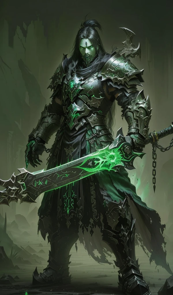 A painting,The painting shows a man holding a sword,Green light flashing beside me, benevolent Necromancer, Green armor, glowing green soul blade, author:Yang J, Necromancer, Death knight, Death knight, by Feng Zhu, World of Warcraft concept art, Lich Demon Mage Class, Dark Paladin, Warhammer fantasy art, Samurai Chain Ink Undead