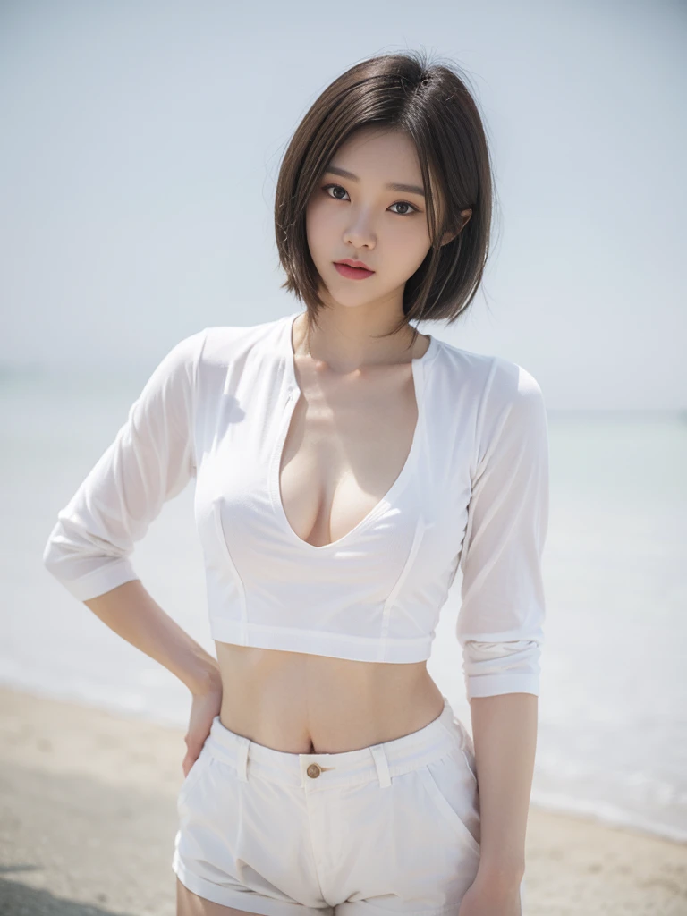 Araffe woman wearing a white shirt and shorts poses for a photo., digital art by Ren Renfa, Instagram, digital art, A tight, smooth white suit., Wear simple, tight-fitting clothing., Cottagecore!! body exercise, Cropด้านบน, Crop, It fits the shape deliciously., The outfit is tight., attractive body, Open V-chest shirt, interesting costumes, wearing Cropด้านบน