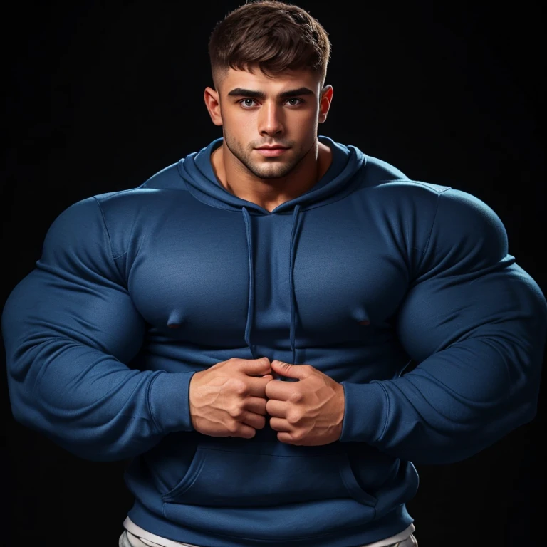 a young man, big eyes, short hair, wearing a tight simple blue sweatshirt with long sleeves, massively muscular, with massively large muscles, on a black background