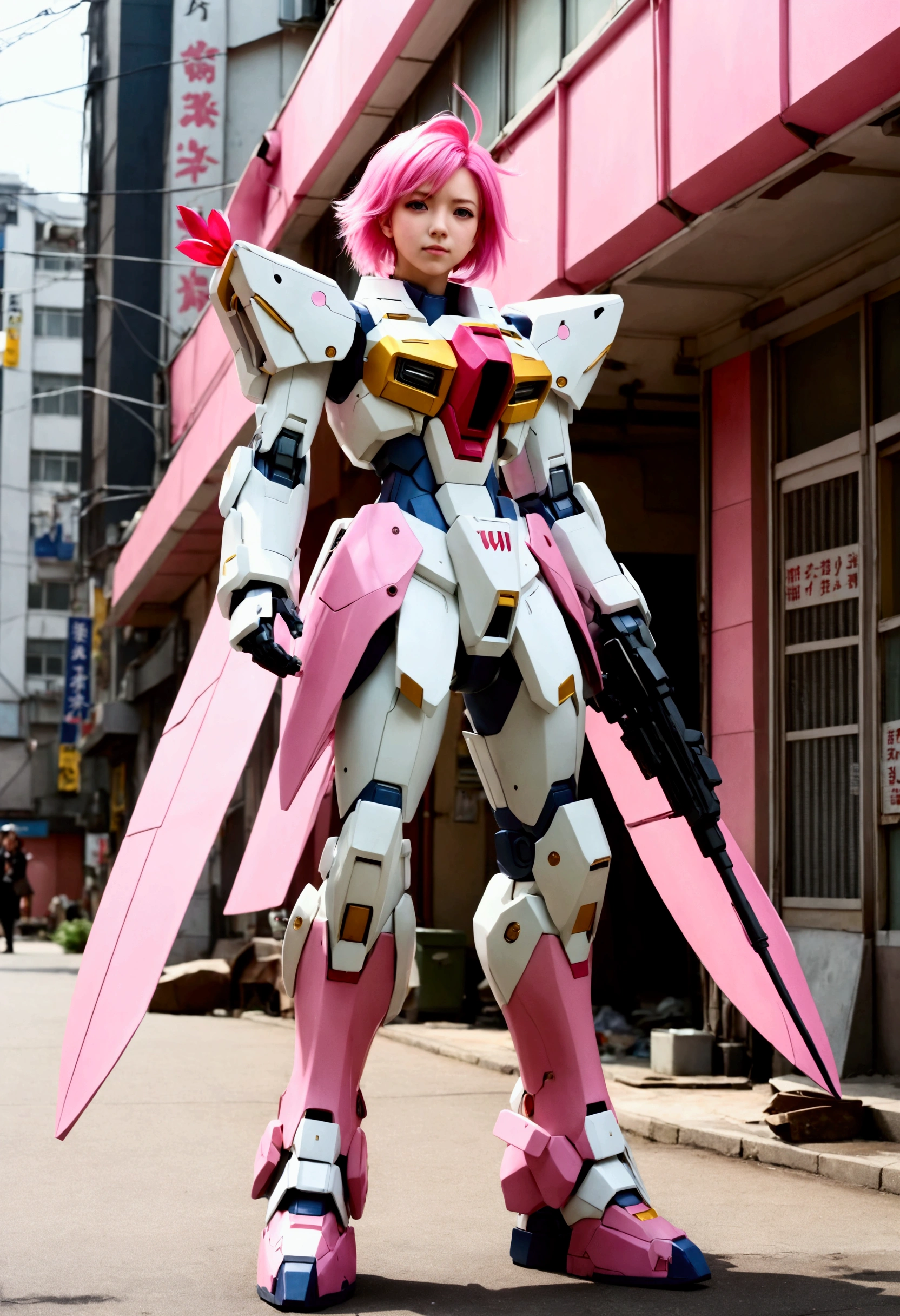 A gundam mecha, pink tulip decorations and color scheme piloted by a with bubblegum colored hair, cute gundam, cute girl, war torn city
