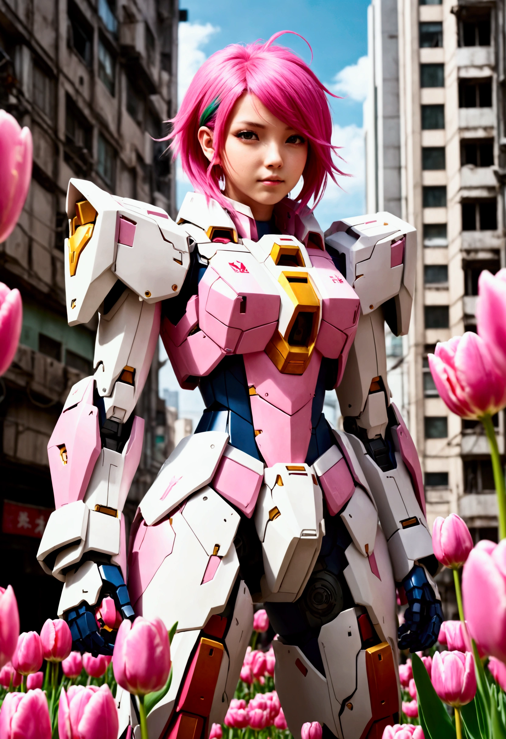 A gundam mecha, pink tulip decorations and color scheme piloted by a with bubblegum colored hair, cute gundam, cute girl, war torn city