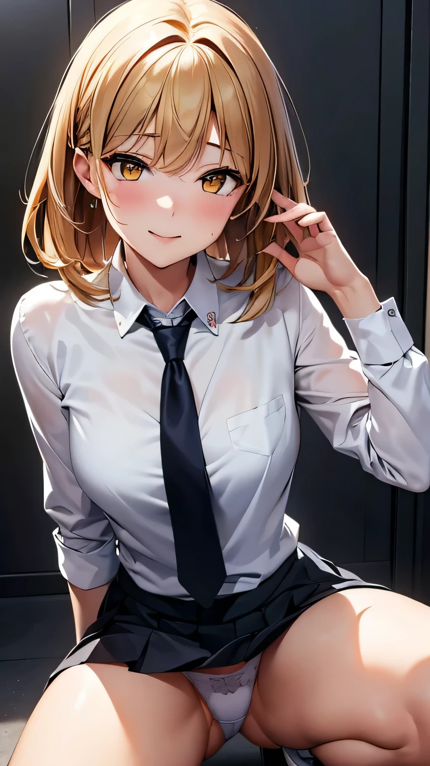 Highest quality, Soft Light, Ultra-high resolution,People Girls, alone, sexy, (A shy smile), (Yellow Eyes), Beautiful face in every detail,(High resolution detail of human skin texture), (Medium Hair),tie,Dress shirt,Short pleated skirt,panties,(Sweat:1.2),(masterpiece:1.3),(Realistic:1.2),(Open your mouth:1.1),squat