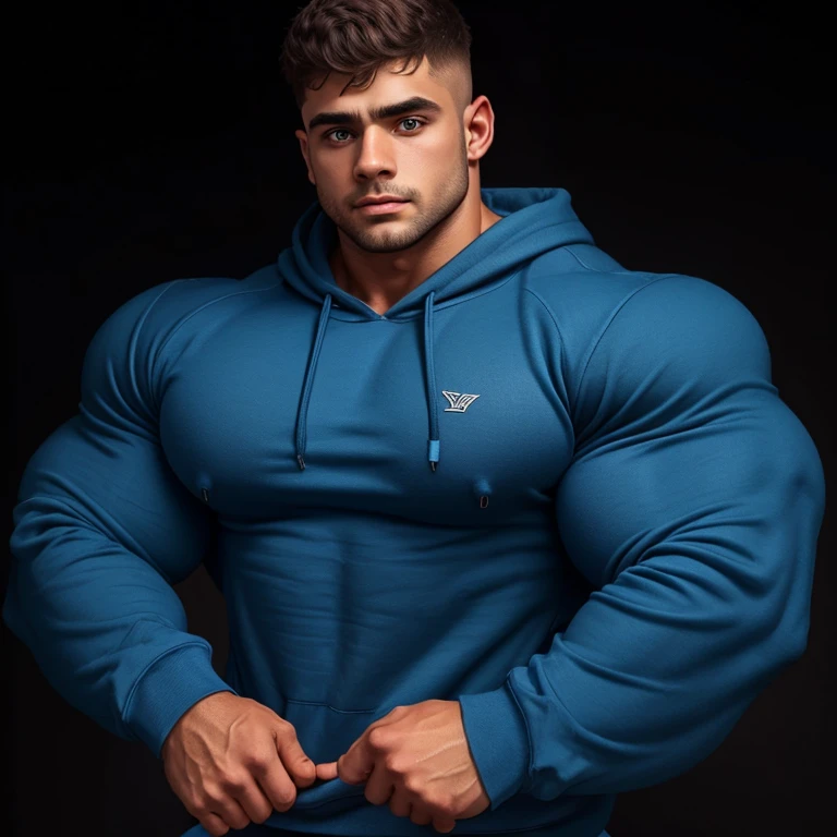 a young man, big eyes, short hair, wearing a tight simple blue sweatshirt with long sleeves, massively muscular, with massively large muscles, on a black background