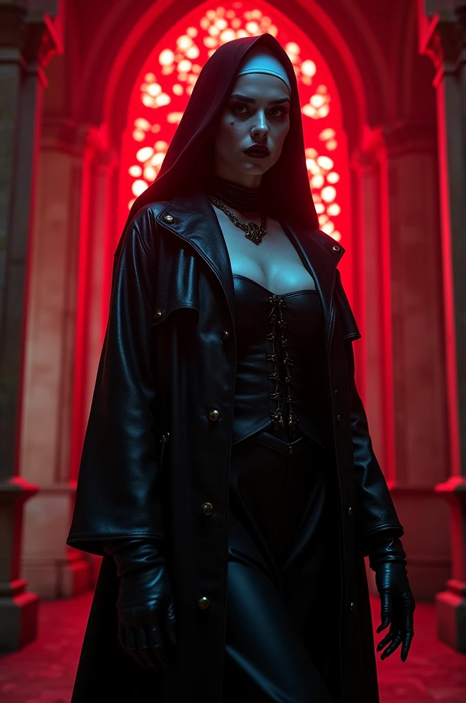 Raw, simulation) (Gothic nun huge breasts), 1990s, Surreal妆容, Leather coat inside a Gothic church at night, Neon lights, Very dark, fear, Red hue, confusion, sinister, High Detail, Surreal, Sony A7III, Movie灯光, Movie, food, Ultra-high definition face, Volumetric Shadows, Extremely detailed,  