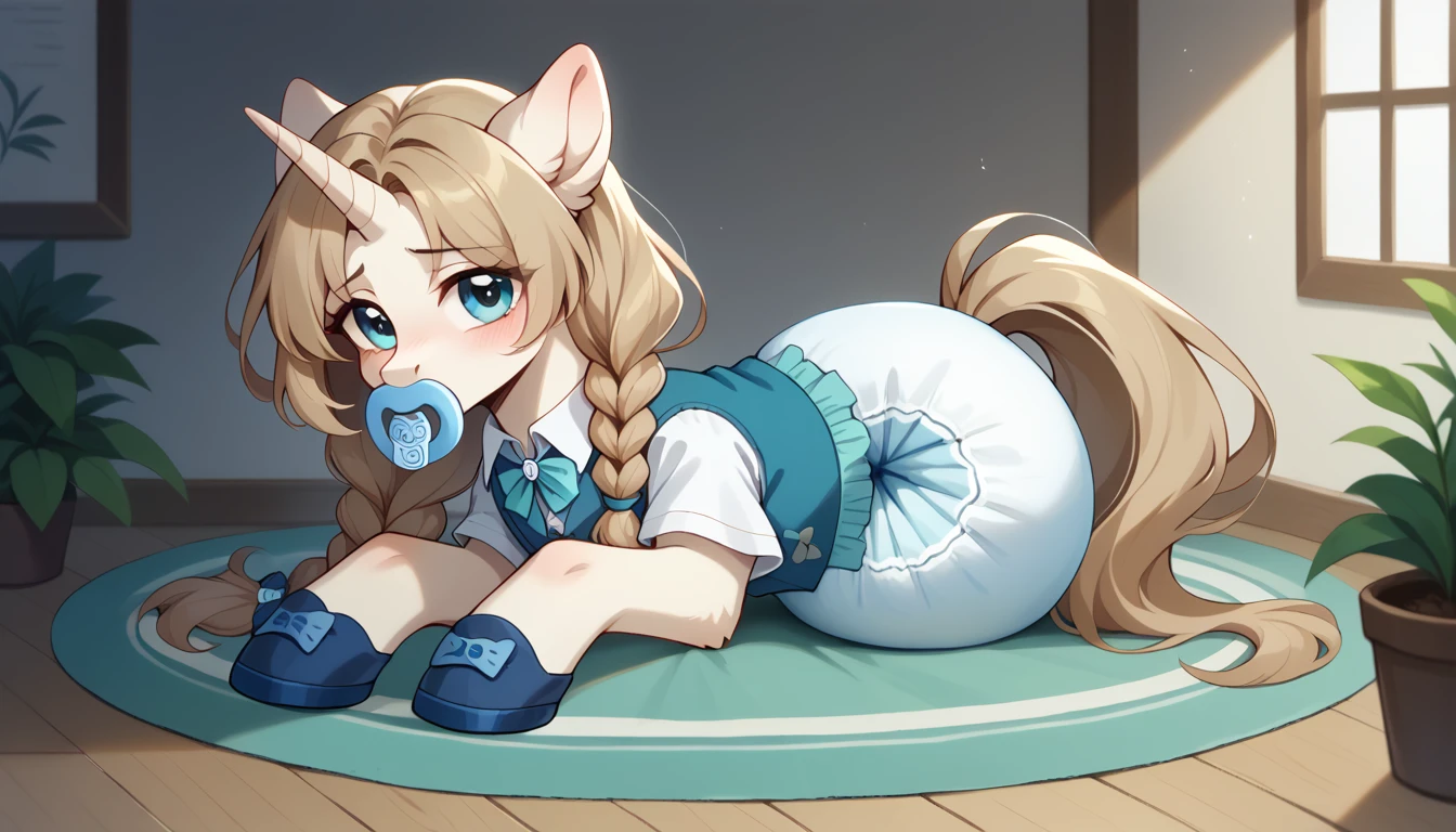 pony, light caramel unicorn, adult mare, plum eyes, lush mane braided, bushy tail, sitting in the room on a soft play mat, dressed in a bright blue vest and blue booties, blue pacifier in mouth, solo, thick light blue diaper under clothes.