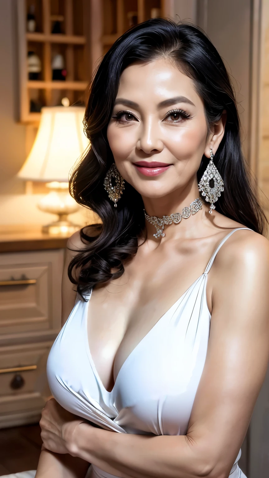 75 years old　mom　milf　Korean, Lady　large earring　Big choker　navel piercing decoration　A bracelet　Silver Hair　realisitic　Gorgeous Madame Beautiful Mature Woman　sexly　Smile　Gentle woman navel piercing　４K　High quality gorgeous madam beautiful mature woman