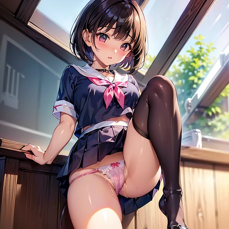 (((masterpiece, Highest quality, High resolution, 超High resolution, Pixel perfect, Written boundary depth, 4K, RTTX10.0))), Beautiful Anime Woman, Beautiful art style, Anime characters, ((Smooth texture, Realistic texture, Anime CG style)), Exact finger count、Exact number of legs、(Exact number of arms:1.0, Exact number of hands:1.0), (Perfect hands, Perfect Anatomy), Cinematic, Realistic, Highly detailed CG, Daytime lighting, Perfect lighting, Best Shadow, The best natural light, whole body, Perfect body, (Slender body:1.2), whole body, ((bangs, Dark brown hair, Stylish and cute bob cut)), ((Cute woman shows off panties in her hands:1.3)), (Fashionable white shirt, Sailor collar, Knee-high socks, loafers, Navy pleated mini skirt:1.3), ((Sexy and cute panties, (Stylish shiny satin pink panties:1.2), Side tie panties, Small lace panties:1):1.3), (Beautiful and very large breasts:1.1), (Beautiful and thin thighs:1.3), Short torso, Feeling embarrassed, (blush:1.2), (Embarrassed expression:1.4), (In the school classroom:1.3), Angle from the front,(((Sexy see-through lingerie for women,Shiny bodysuit,Smooth and silky clothing,Trimmed combination,Lace Stockings,Erotic leash,pajamas))),((LOVE JUICE makes your underwear wet))