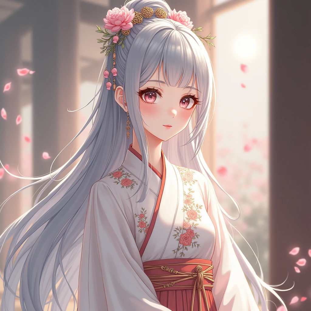 Anime-style Chinese girl with ultra-clear rendering, silver long hair, Hanfu dress, gentle and confident, full character, natural tones, distant perspective, highlighted details, ancient costume style, static relaxation, high-definition quality, delicate textures, soft lighting, and a beautiful atmosphere.,,in clothes