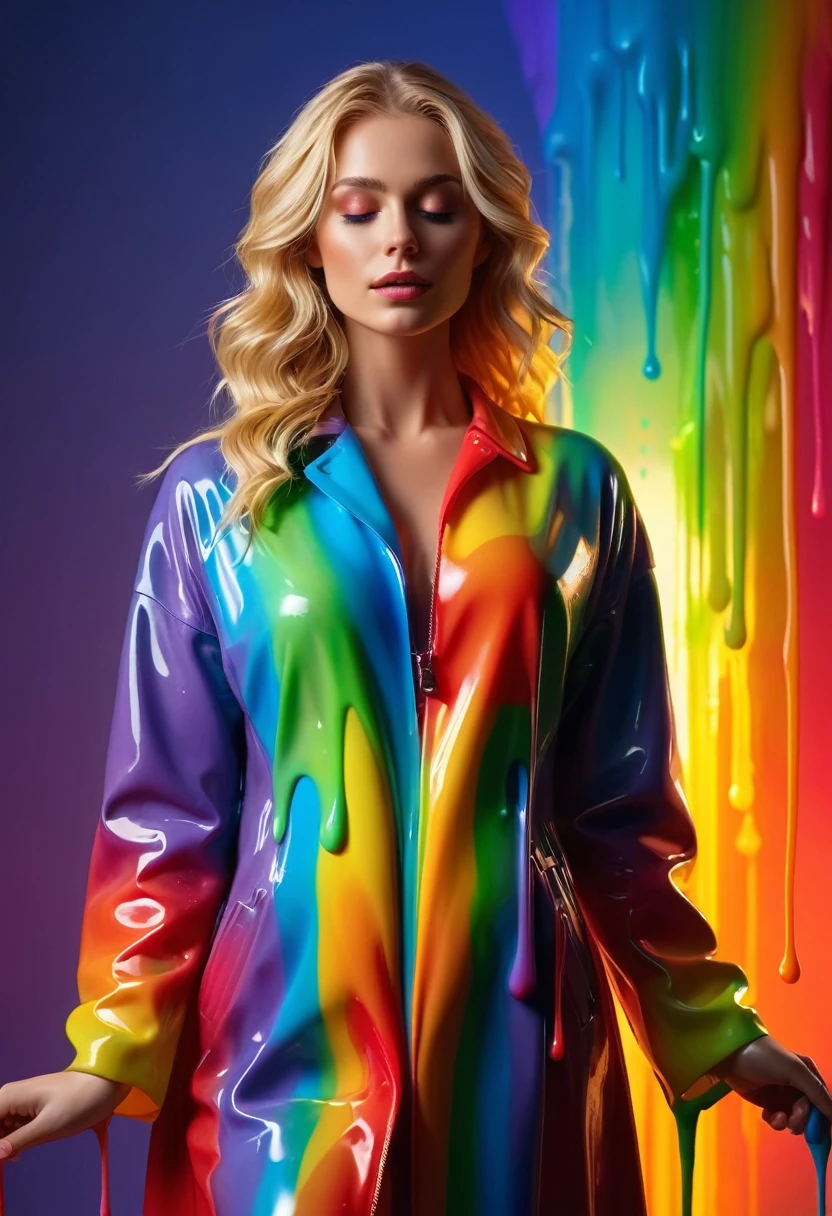 beautiful blonde, The wax coat melts and drips on the body (masterpiece: 1.2), (best quality), 4k, Extremely detailed, (dynamic composition: 1.4), Very detailed, Colorful Detailed, (Rainbow Colors: 1.2), (Bright Lights, Atmospheric lighting), Dreamy, magic, (Solitary: 1.2)