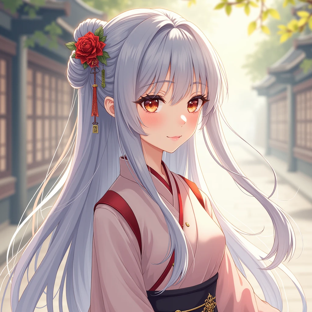 Anime-style Chinese girl with ultra-clear rendering, silver long hair, Hanfu dress, gentle and confident, full character, natural tones, distant perspective, highlighted details, ancient costume style, static relaxation, high-definition quality, delicate textures, soft lighting, and a beautiful atmosphere.,,in clothes