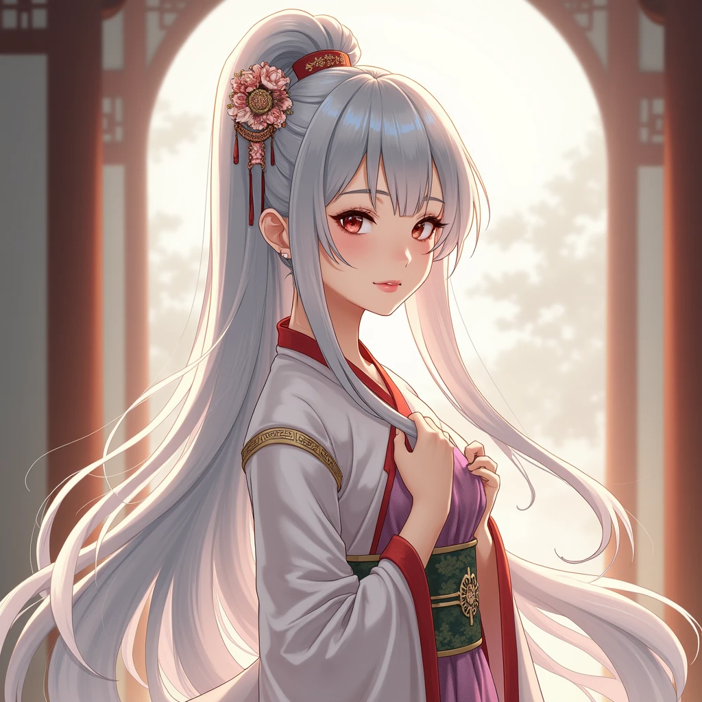 Anime-style Chinese girl with ultra-clear rendering, silver long hair, Hanfu dress, gentle and confident, full character, natural tones, distant perspective, highlighted details, ancient costume style, static relaxation, high-definition quality, delicate textures, soft lighting, and a beautiful atmosphere.,,in clothes