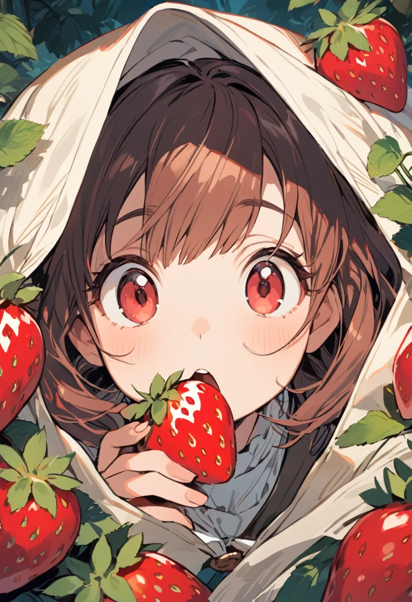 Ghibli, A girl is gazing longingly at a large strawberry with her mouth wide open, Face close-up