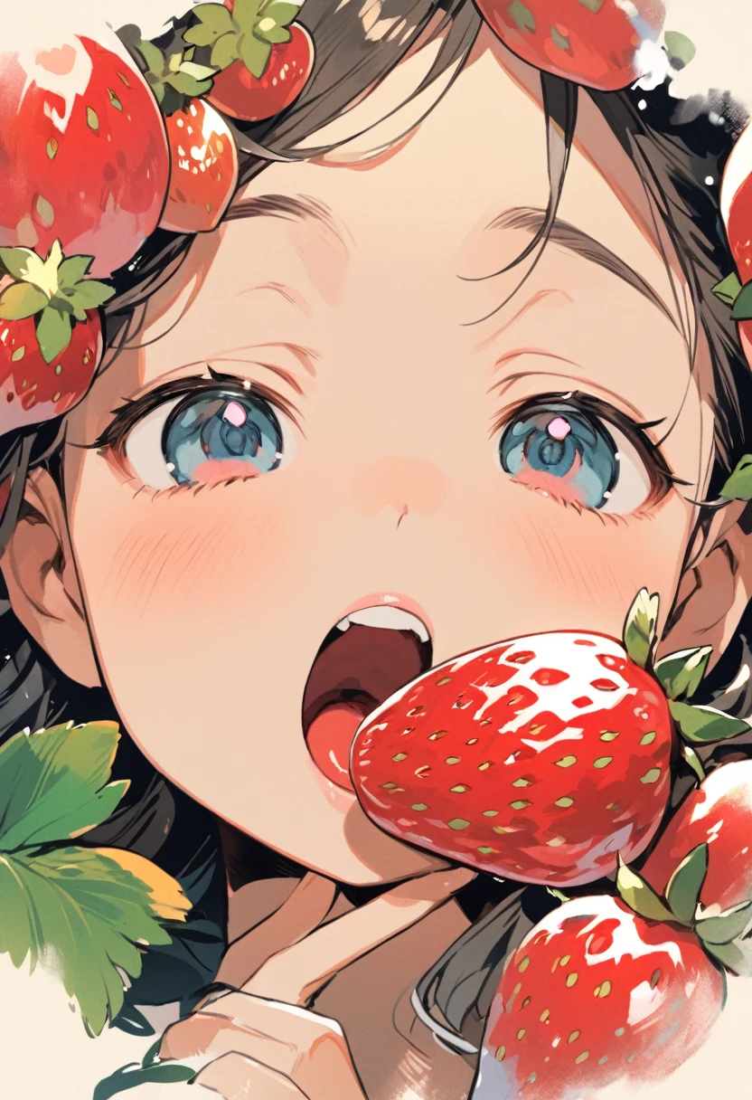 Ghibli, A girl is gazing longingly at a large strawberry with her mouth wide open, Face close-up